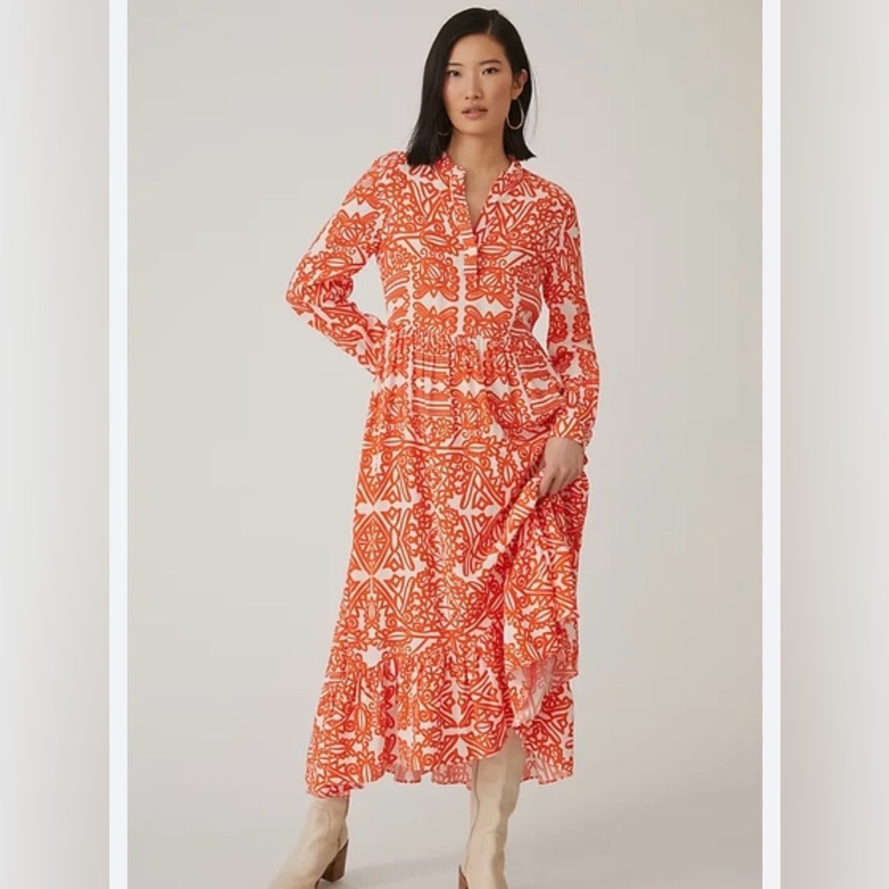 NWT Anthropologie Mare Mare Lynda Tiered Maxi Dress Red Orange Geometric Print L